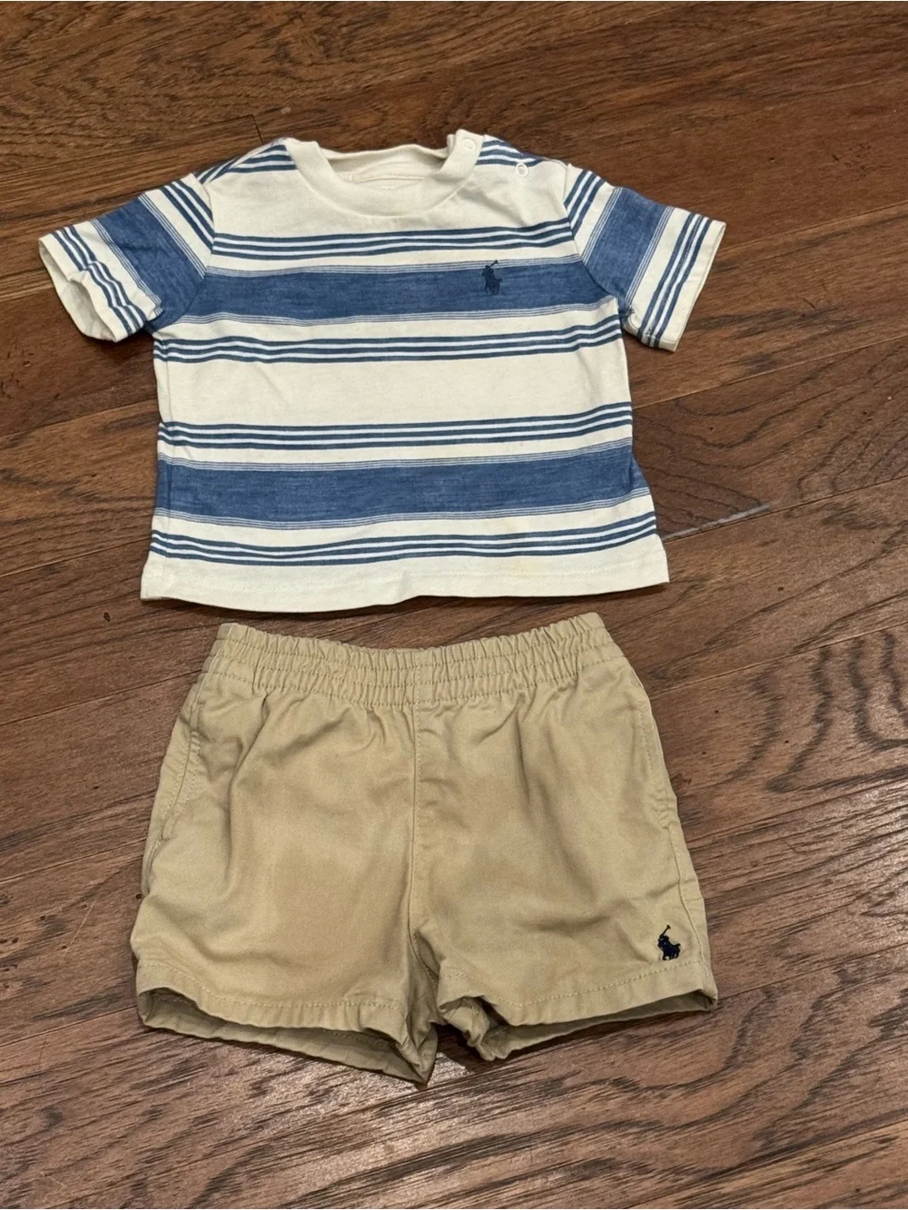 Ralph Lauren Cream & Blue Striped Short Sleeve Tee with Tan Shorts